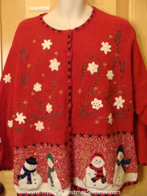 Red Snowman Themed Funny Ugly Sweater Cardigan