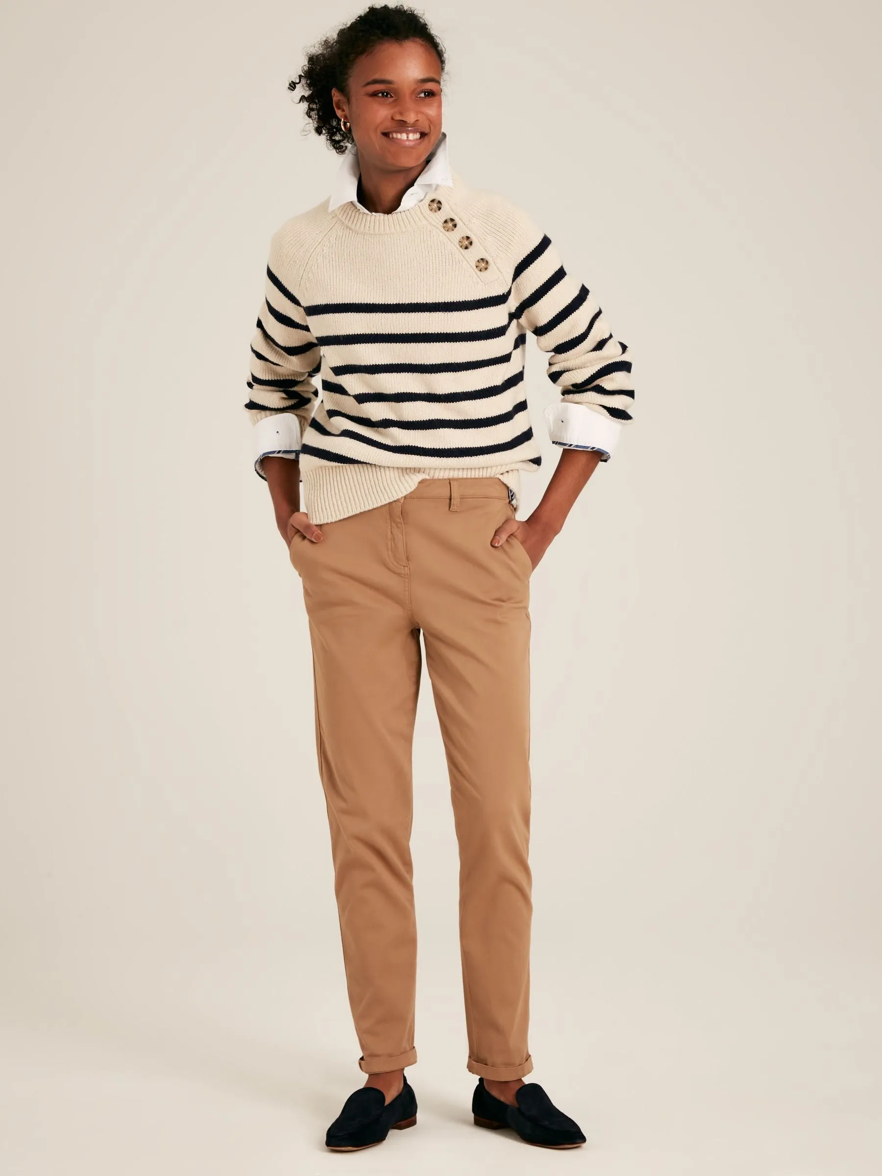 Agnes Cream & Navy Striped Button Neck Jumper