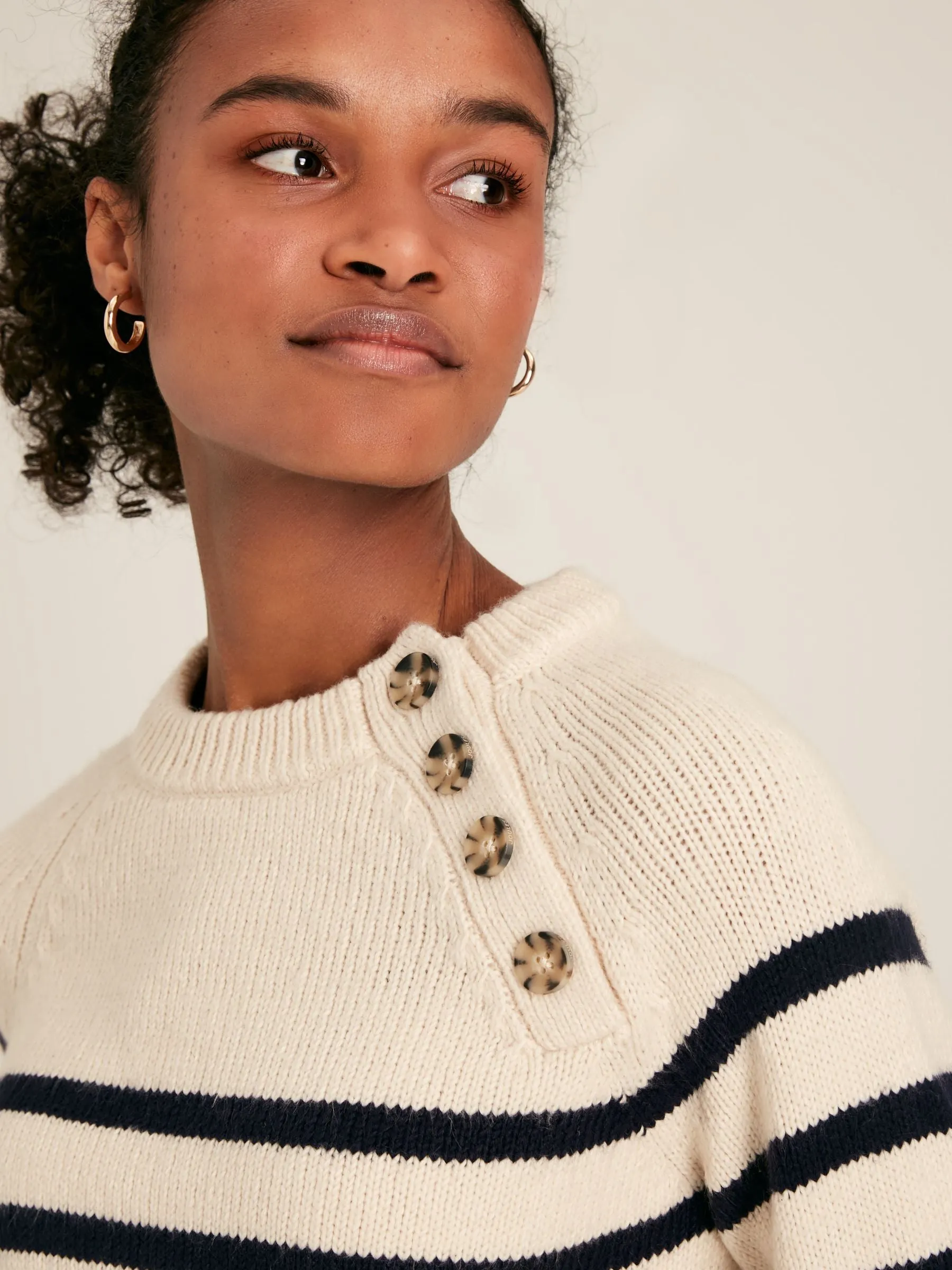 Agnes Cream & Navy Striped Button Neck Jumper