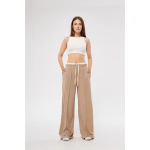 Beige Wide Leg Belt Contrast Trousers