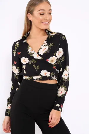 Black Floral Tie at Waist Crop Top - Monika