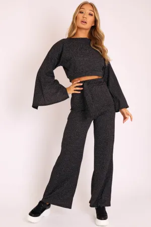 Black Glitter Wide Leg Ribbed Crop Top Co-ord - Cybil