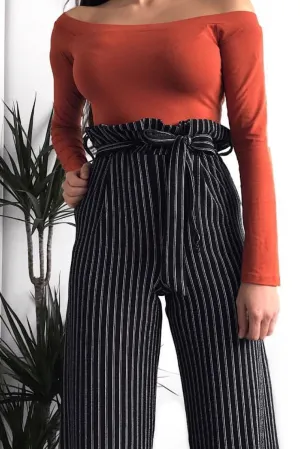 Black Striped Paper Bag Tie Waist Wide Leg Trousers - Kennedy