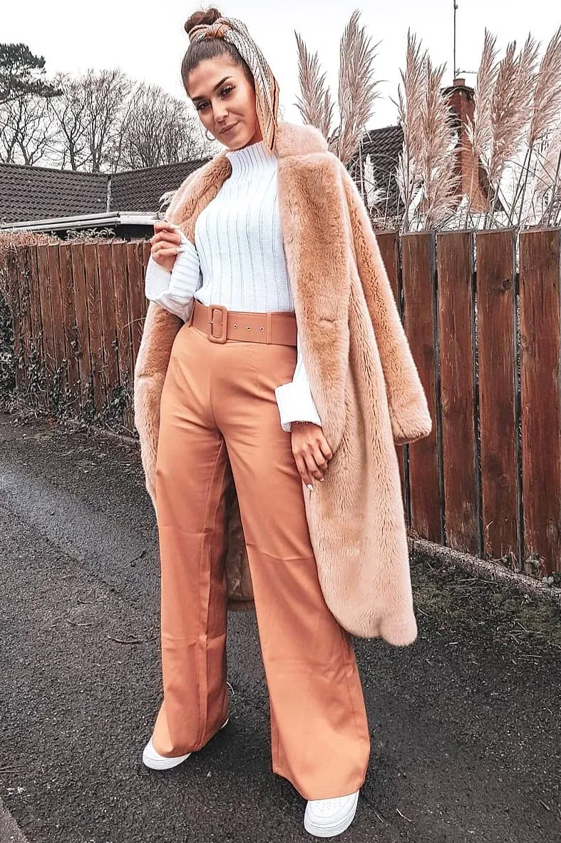 Camel Tailored Wide Leg Belted Trousers - Chenelle