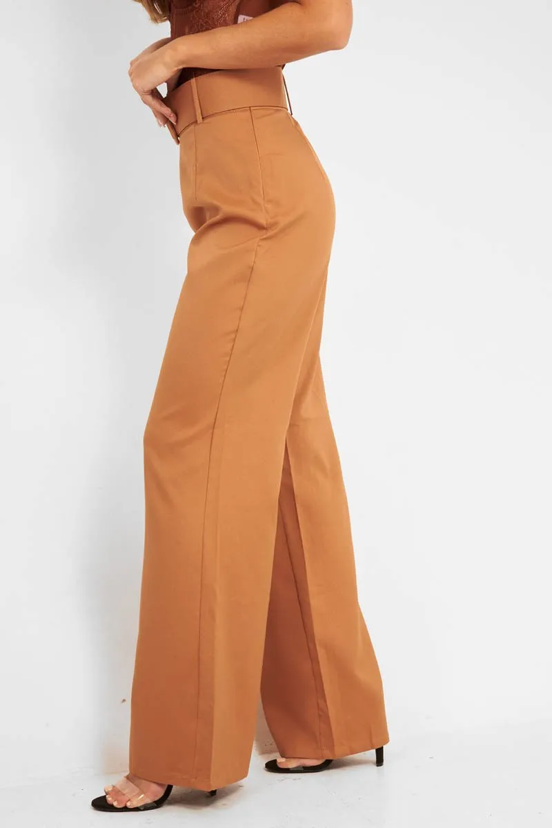 Camel Tailored Wide Leg Belted Trousers - Chenelle