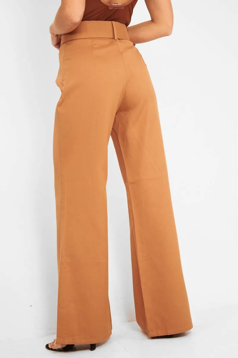 Camel Tailored Wide Leg Belted Trousers - Chenelle