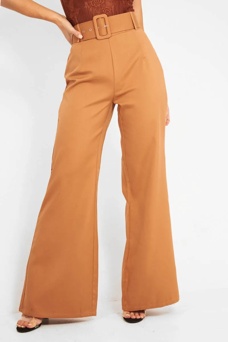 Camel Tailored Wide Leg Belted Trousers - Chenelle