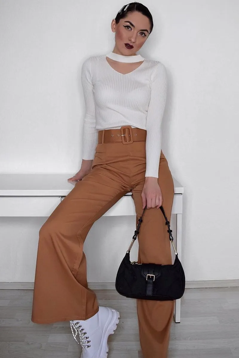 Camel Tailored Wide Leg Belted Trousers - Chenelle