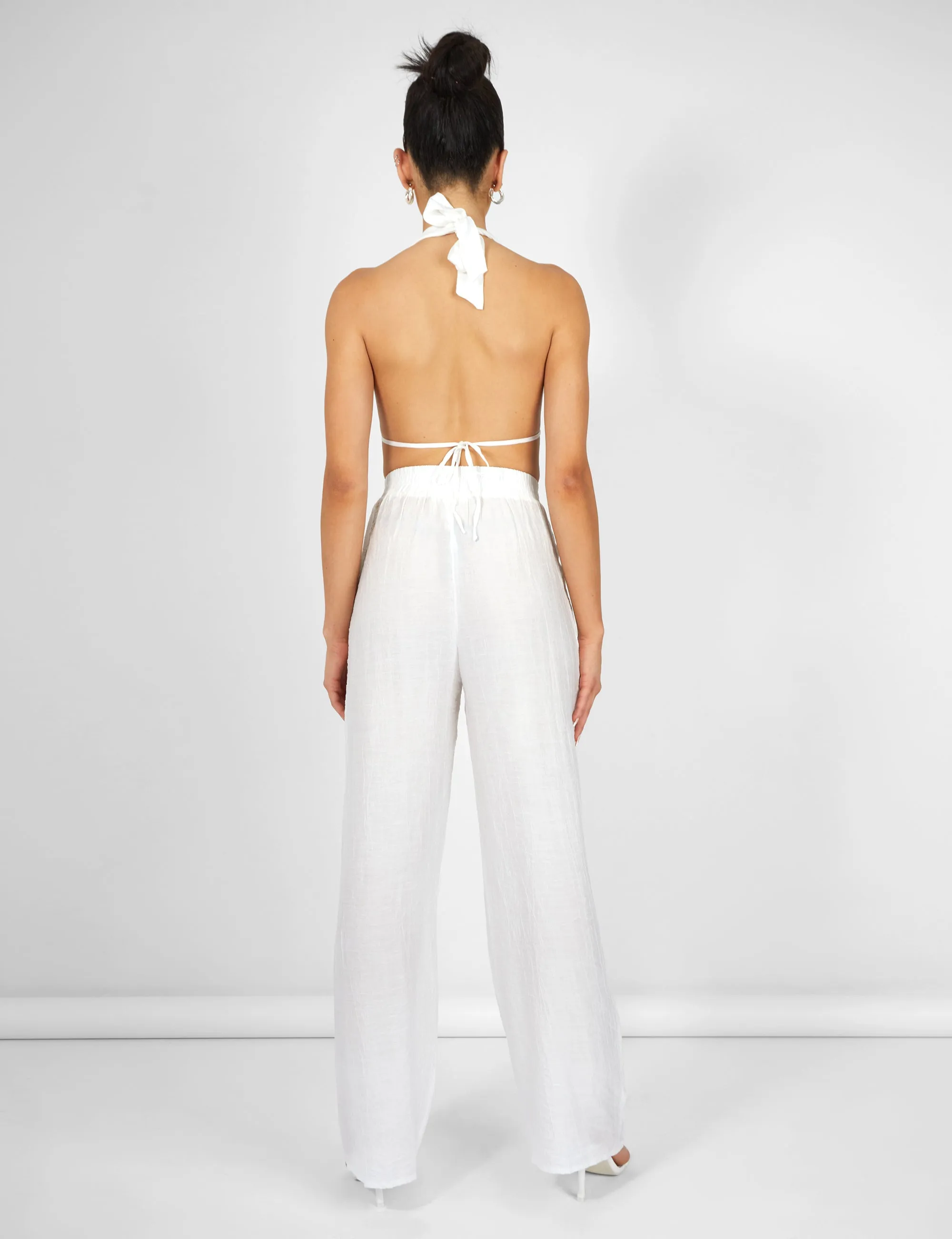 Crinkle Elasticated Waist Wide Leg Trousers White