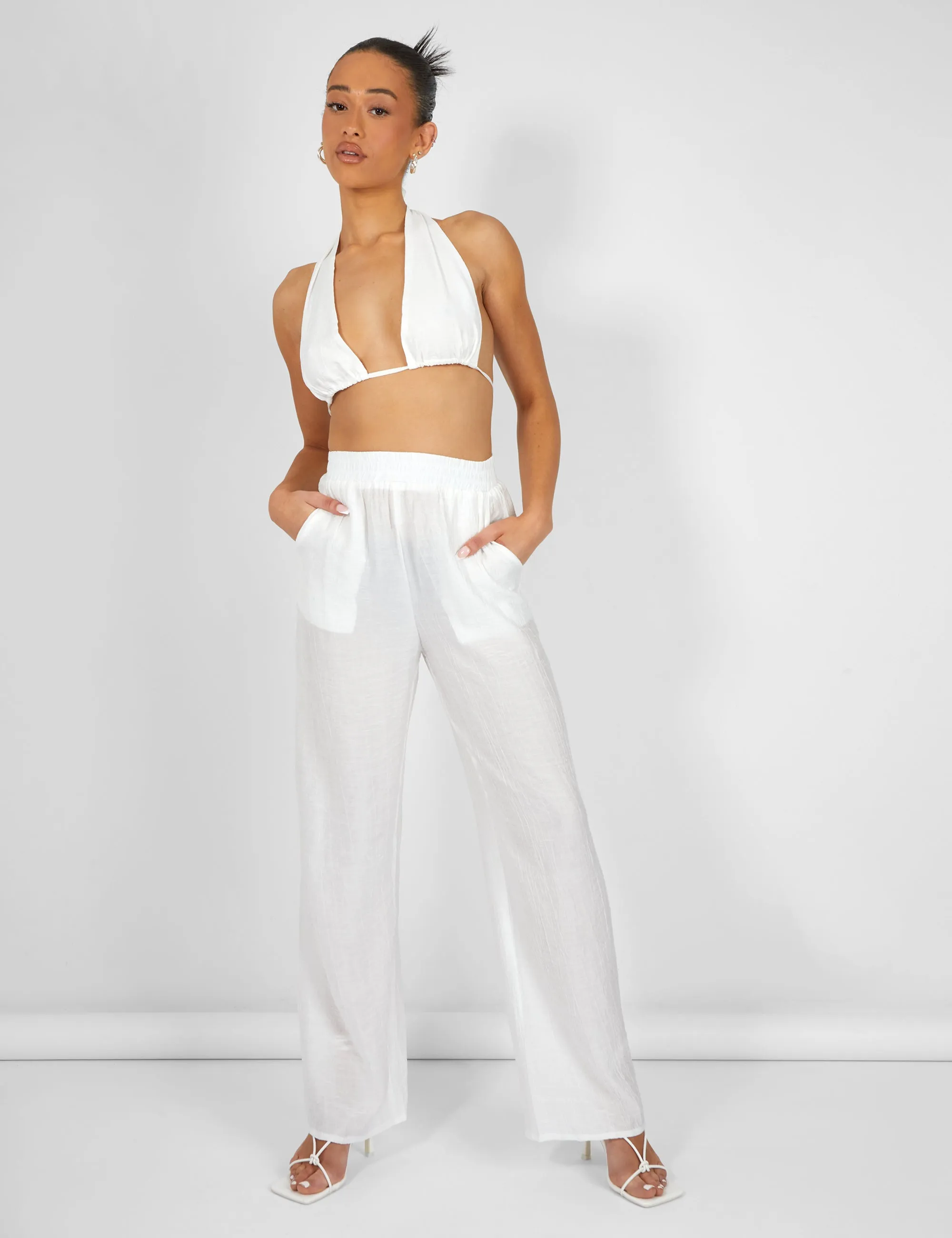 Crinkle Elasticated Waist Wide Leg Trousers White