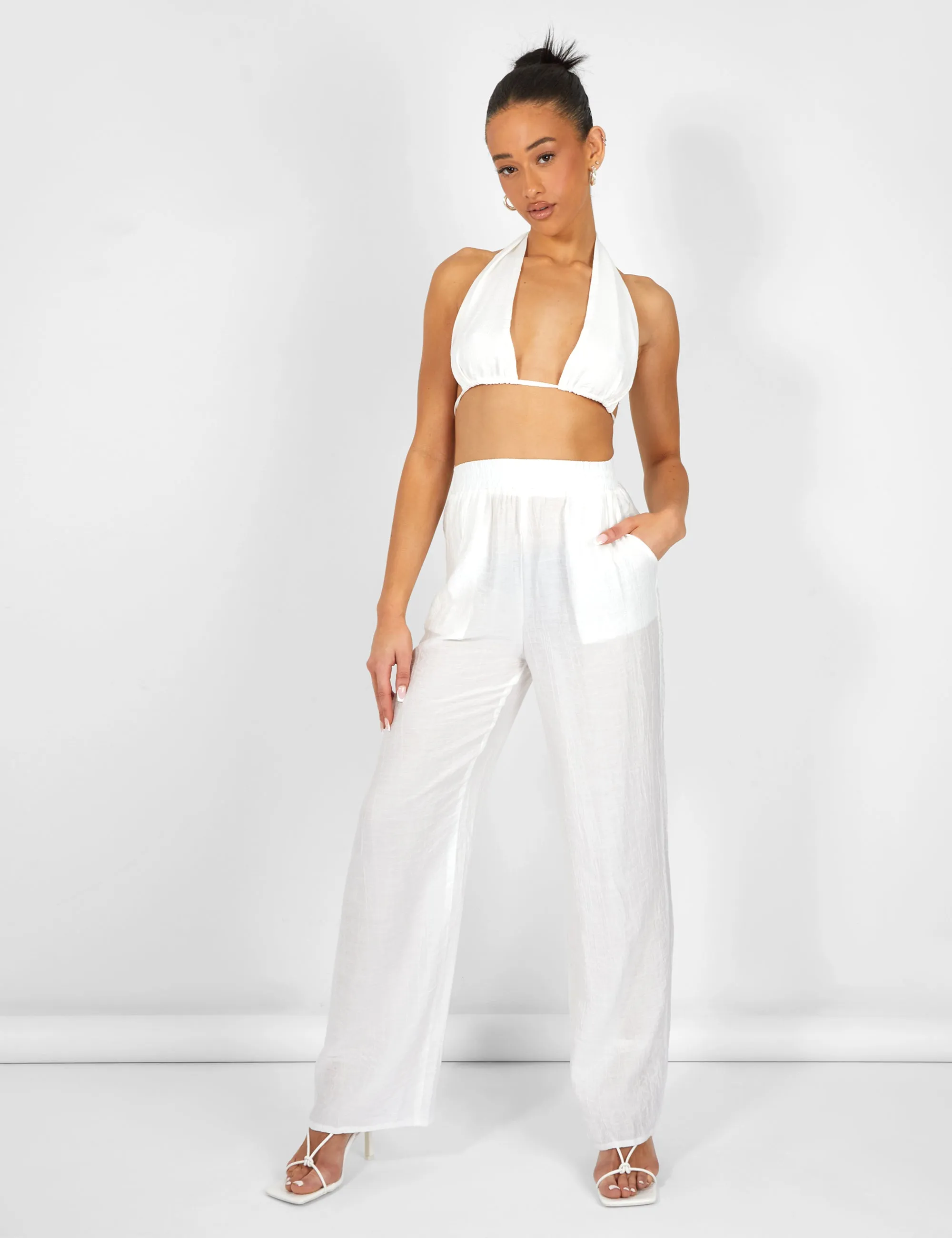 Crinkle Elasticated Waist Wide Leg Trousers White