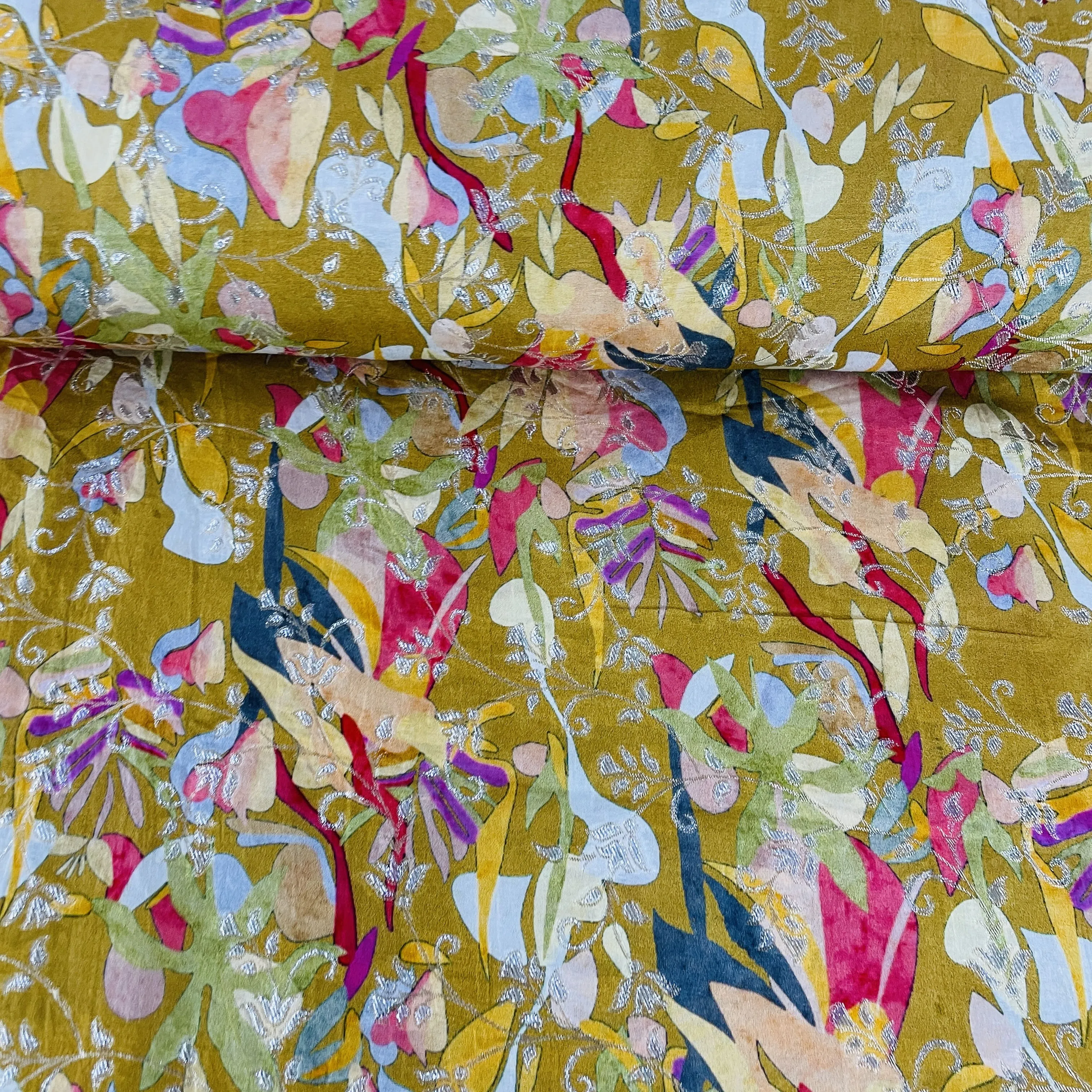 Exclusive Mustard & Mutlicolor Floral Print Dola Silk Jacquard Fabric