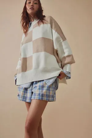 Free People Easy Street Checkered Tunic Sweater - WHITE SAND COMBO