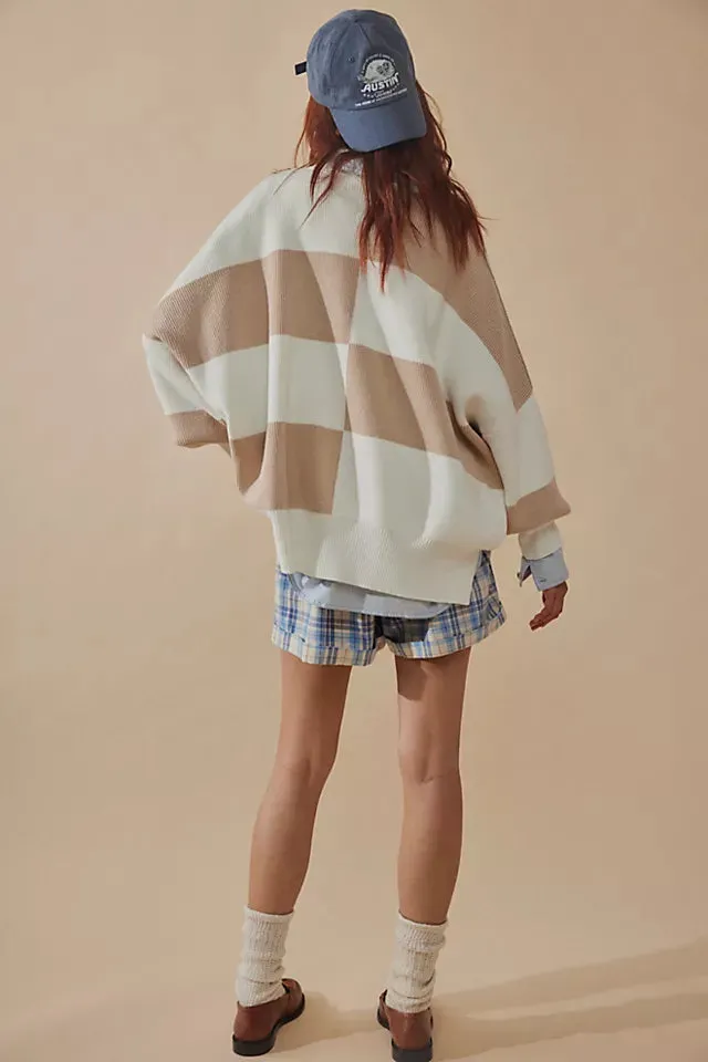 Free People Easy Street Checkered Tunic Sweater - WHITE SAND COMBO