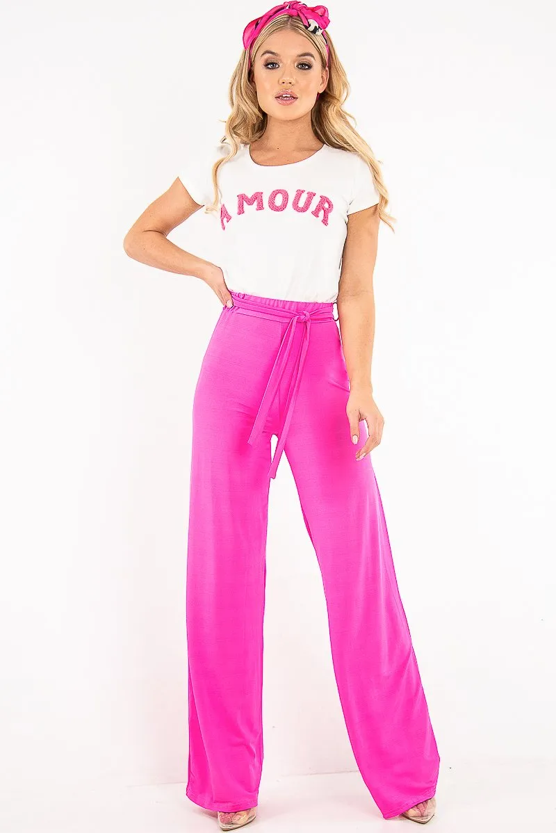 Fuchsia Slinky Tie Detail Wide Leg Trousers - Jenelle