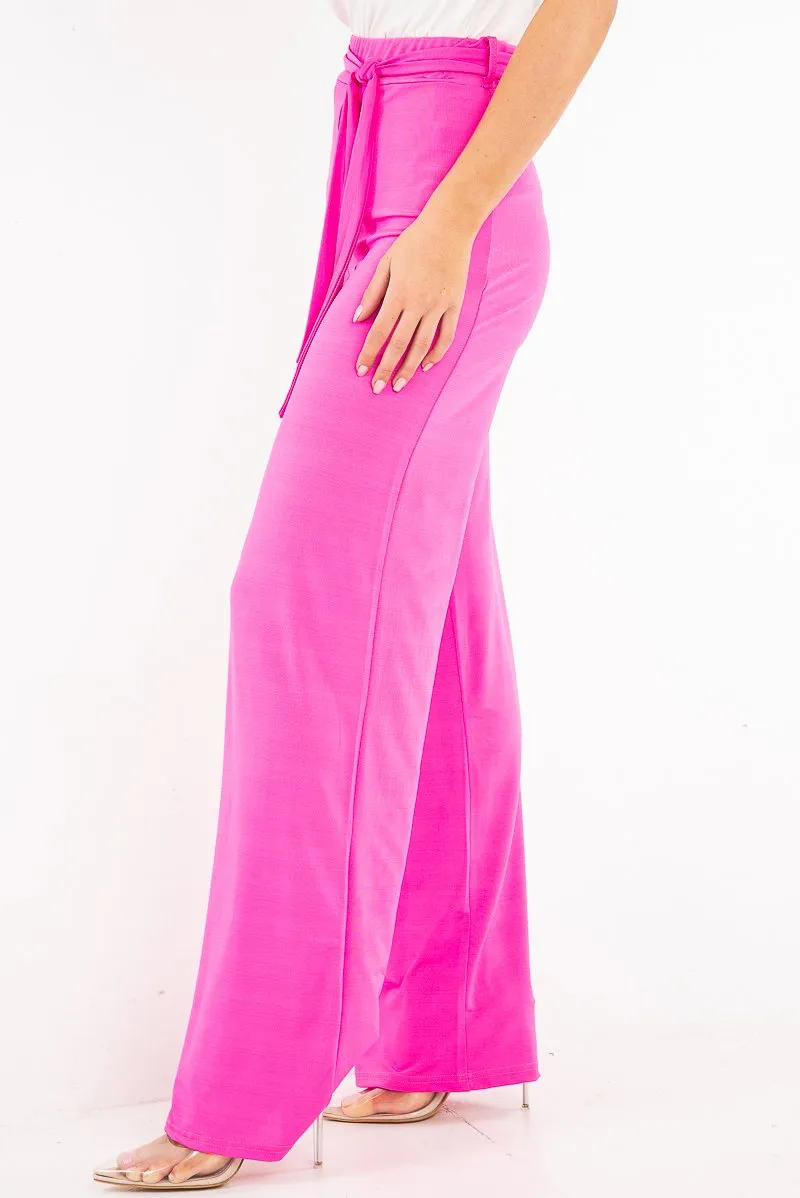 Fuchsia Slinky Tie Detail Wide Leg Trousers - Jenelle