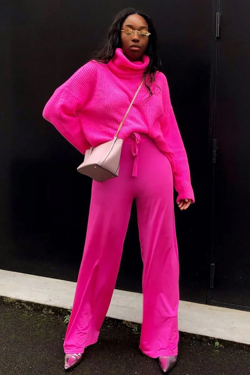 Fuchsia Slinky Tie Detail Wide Leg Trousers - Jenelle