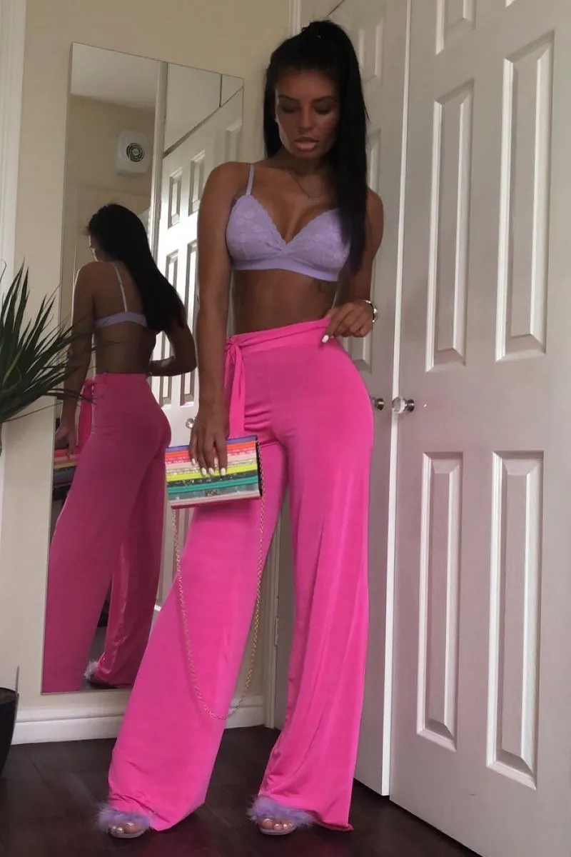 Fuchsia Slinky Tie Detail Wide Leg Trousers - Jenelle