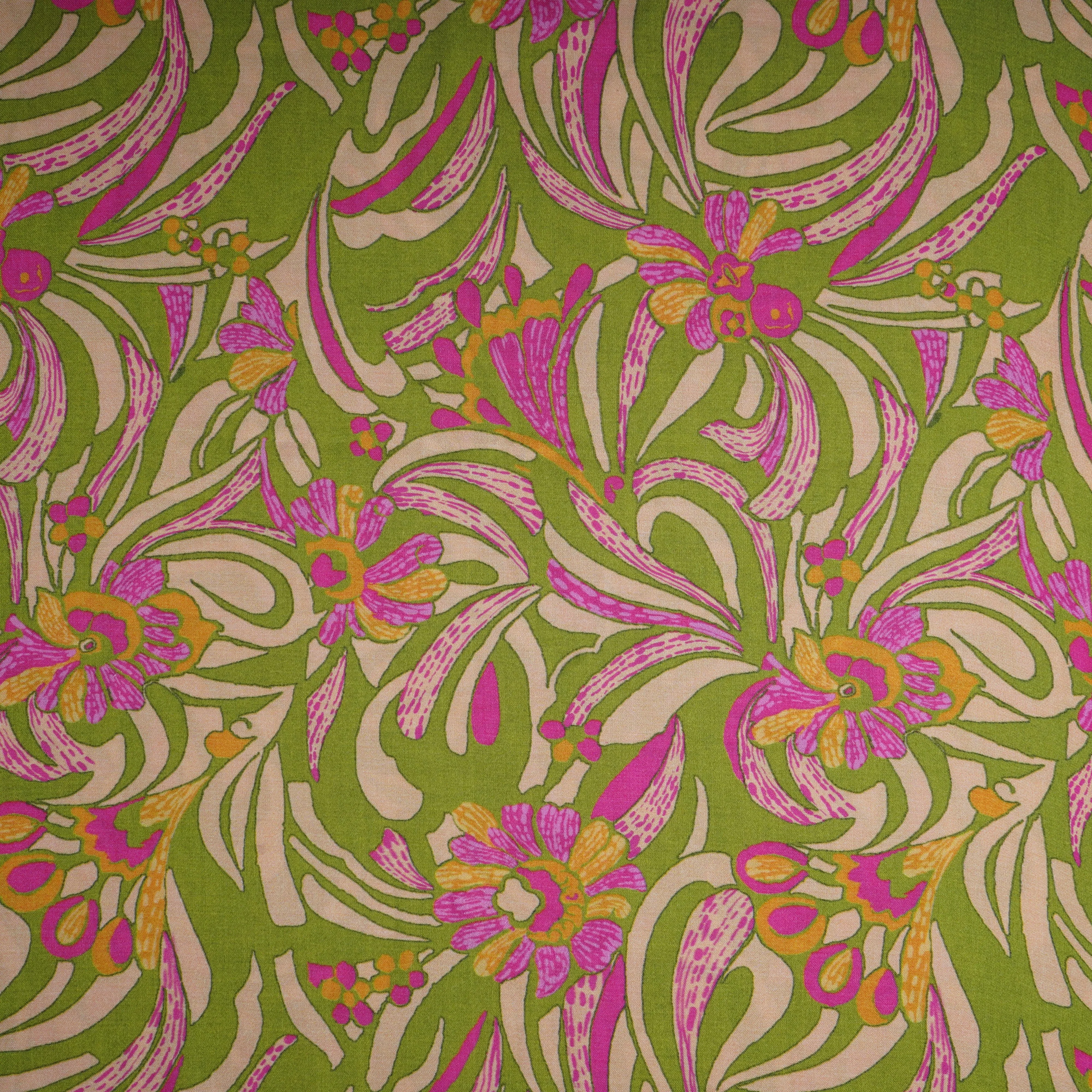 Green Floral Print Bemberg Silk Fabric 20874