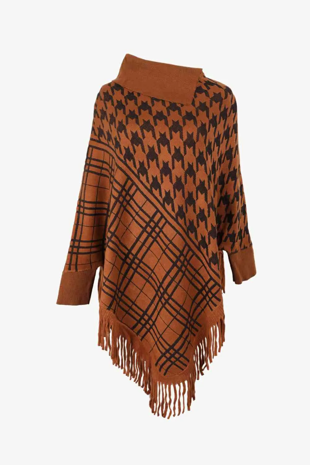 Houndstooth Turtleneck Fringe Hem Poncho