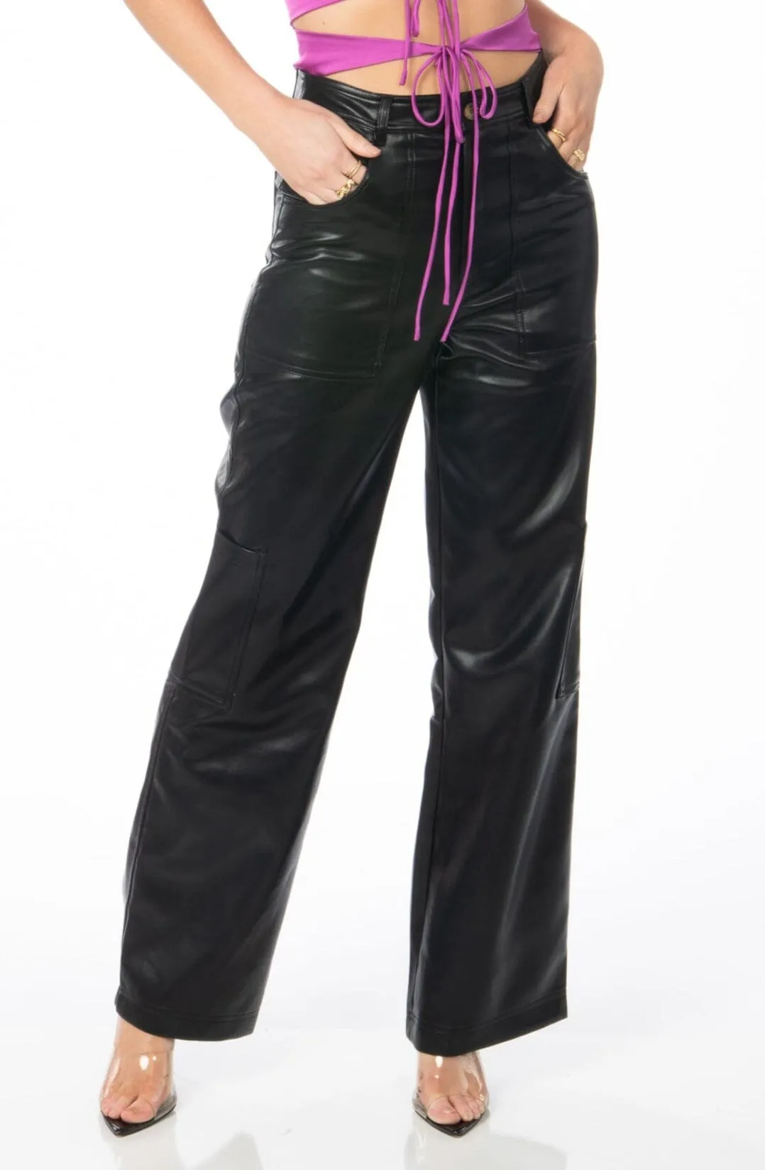 It Girl Cargo Trousers Faux Leather Black