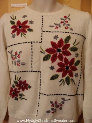 Ivory Pullover Funny Ugly Sweater with Poinsettias