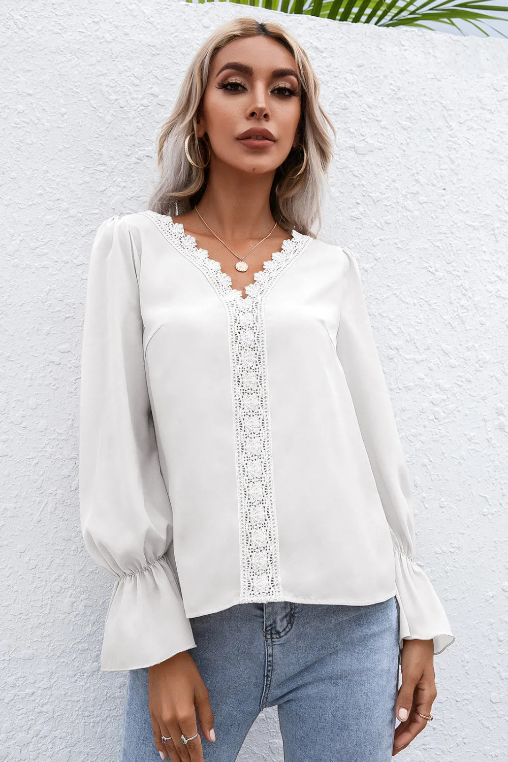 Lace Trim Flounce Sleeve Blouse