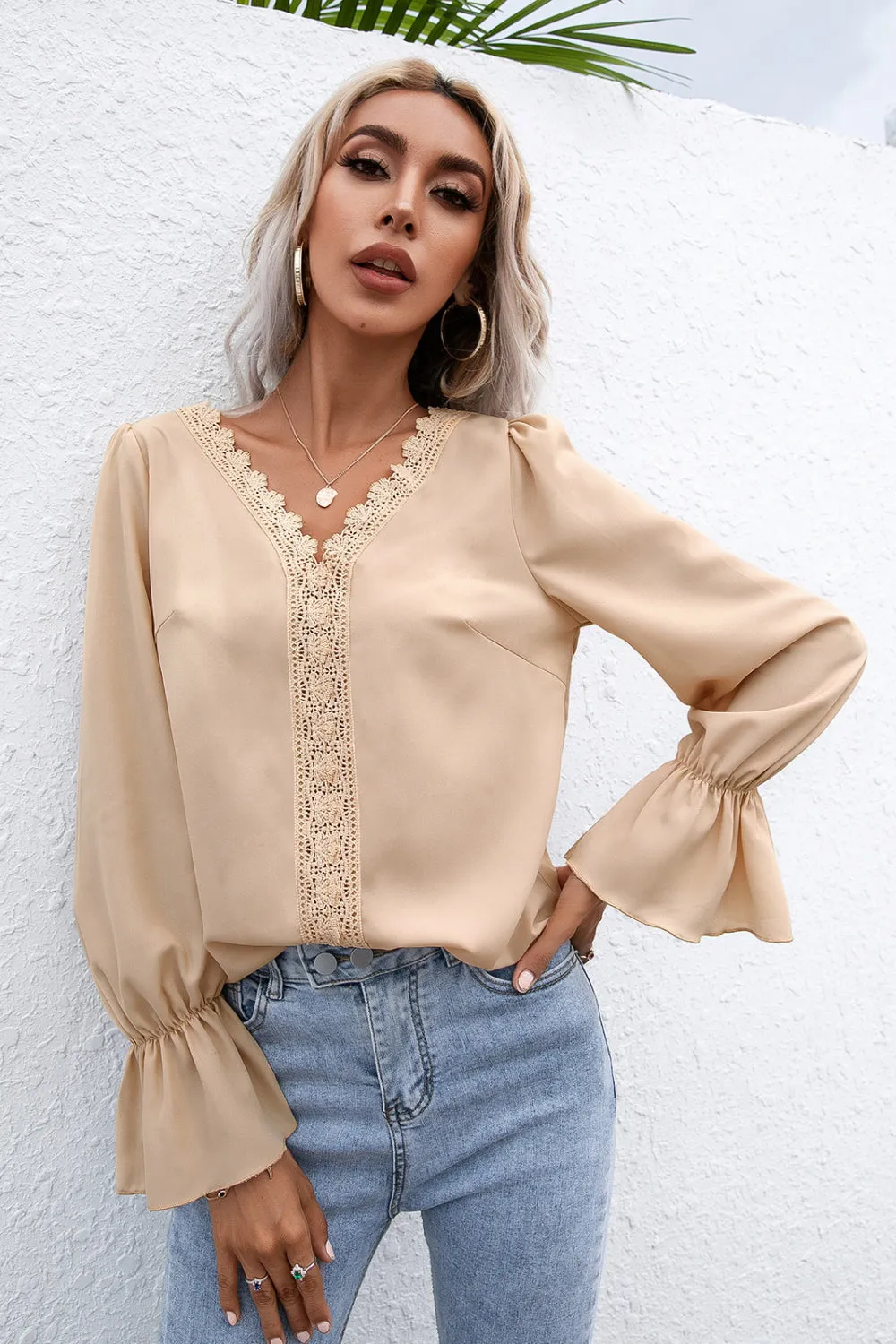 Lace Trim Flounce Sleeve Blouse