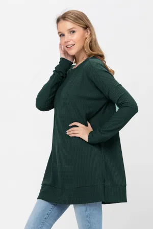 Long Sleeve Waffle Knit Sweater Round Neck Solid Color Pullover Dress