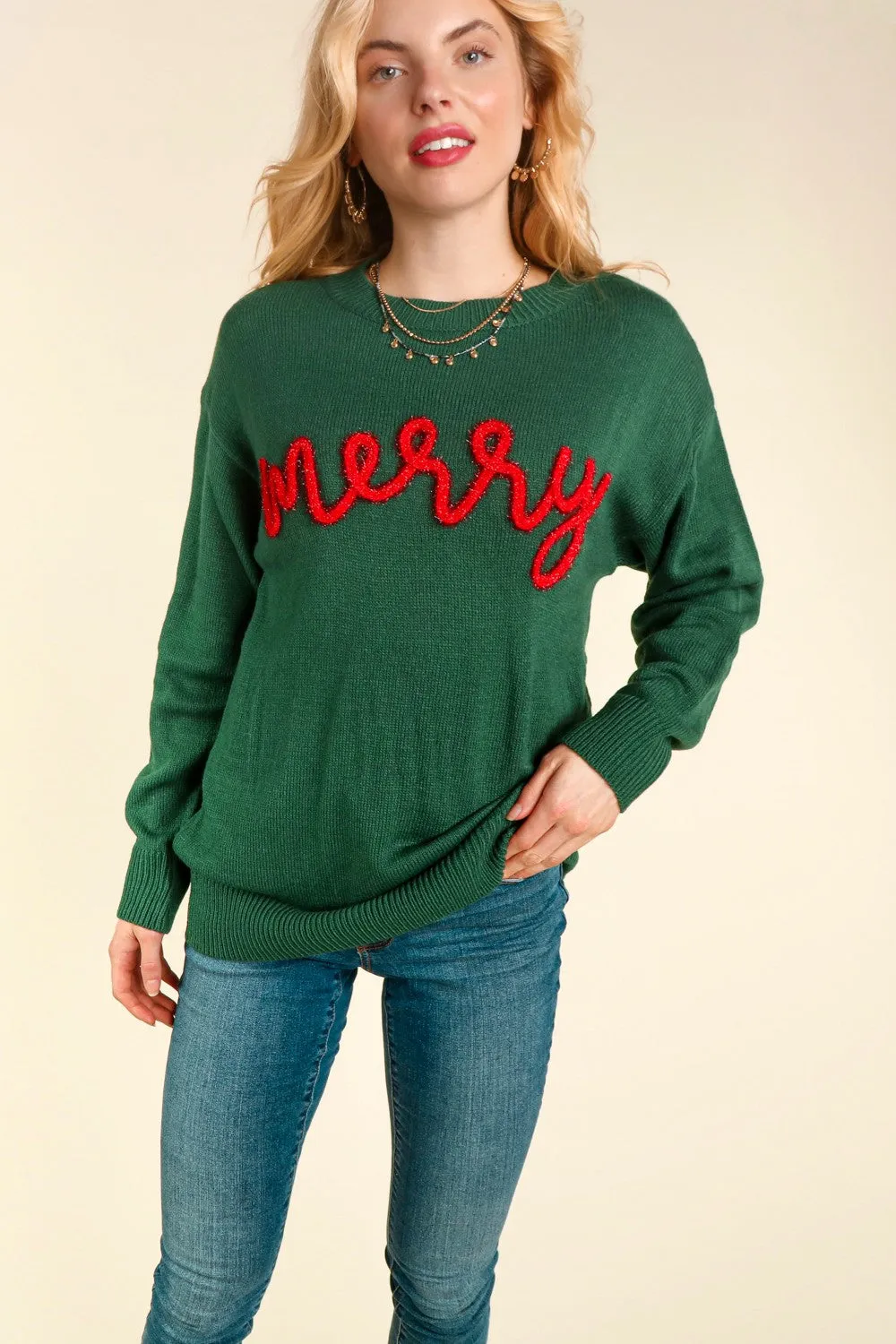 'Merry' Pop-Up Letter Knit Pullover - Green