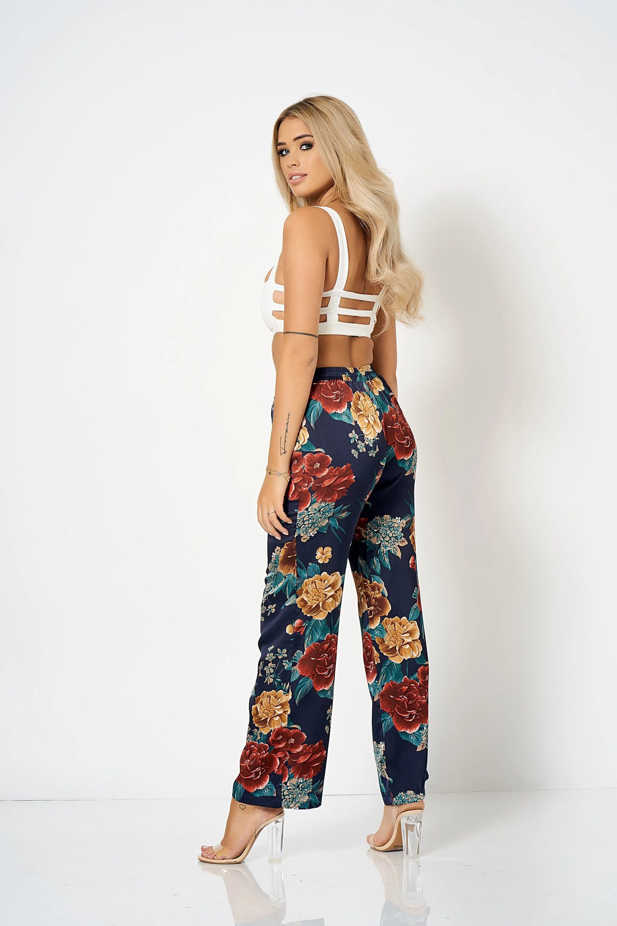 Navy Floral Wide Leg Co-Ord Trousers