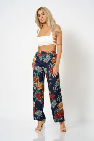 Navy Floral Wide Leg Co-Ord Trousers