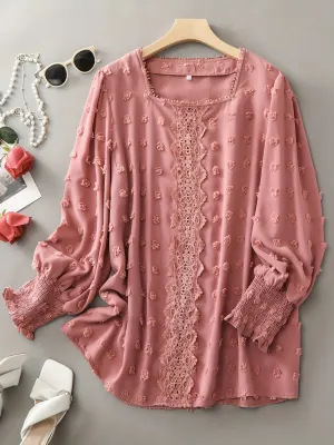 Plus Size Elegant Square Neck Long Sleeve Solid Color Polyester Blouse with Lace Stitching Pompom Details - Chic and Comfortable Non-Stretch Woven Top for Summer - Womens Stylish Clothing for Spring and Summer Seasons