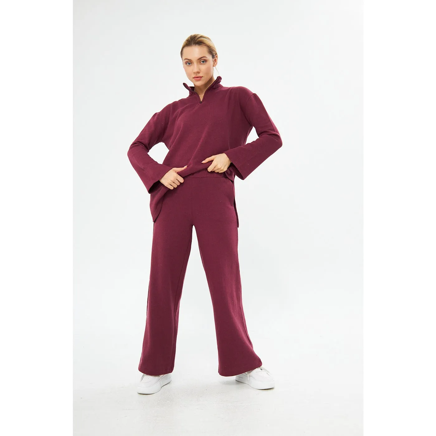 Red Solid Wide Leg Trouser