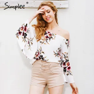 Simplee Off shoulder chiffon blouse shirt women Sexy summer white print blouse Casual flare sleeve cool blouse