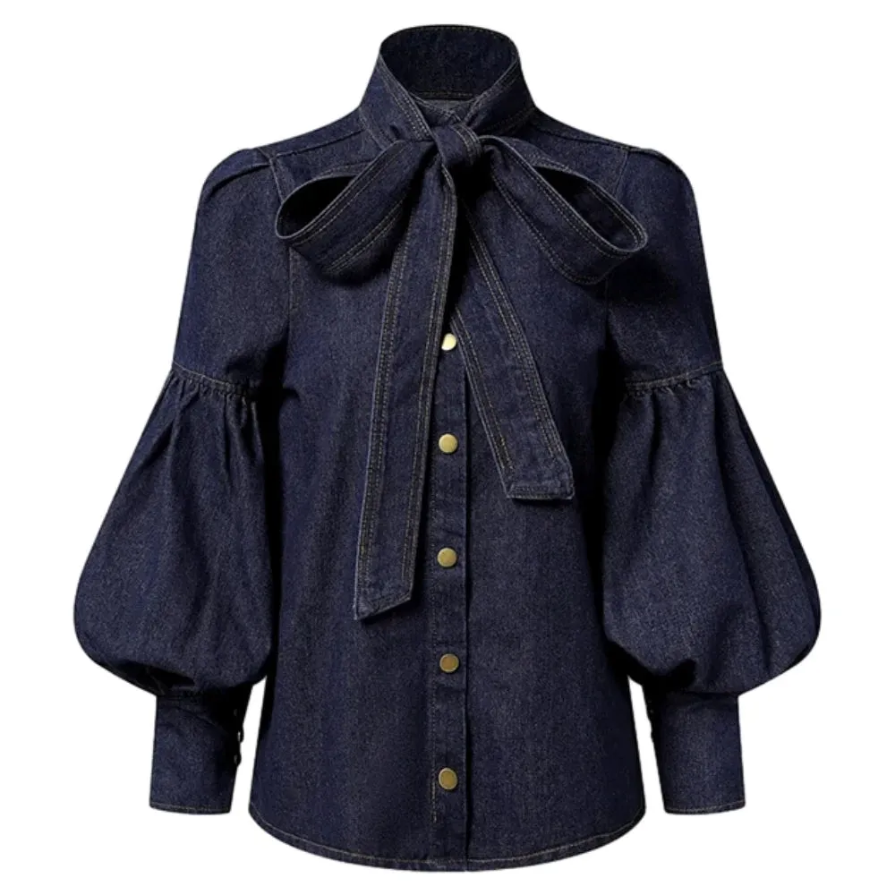 TEEK - Deep Blue Puff Sleeves Bow Blouses