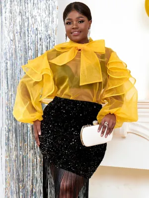 Trendy Yellow Mesh Tulle Bowtie Ruffle Blouse