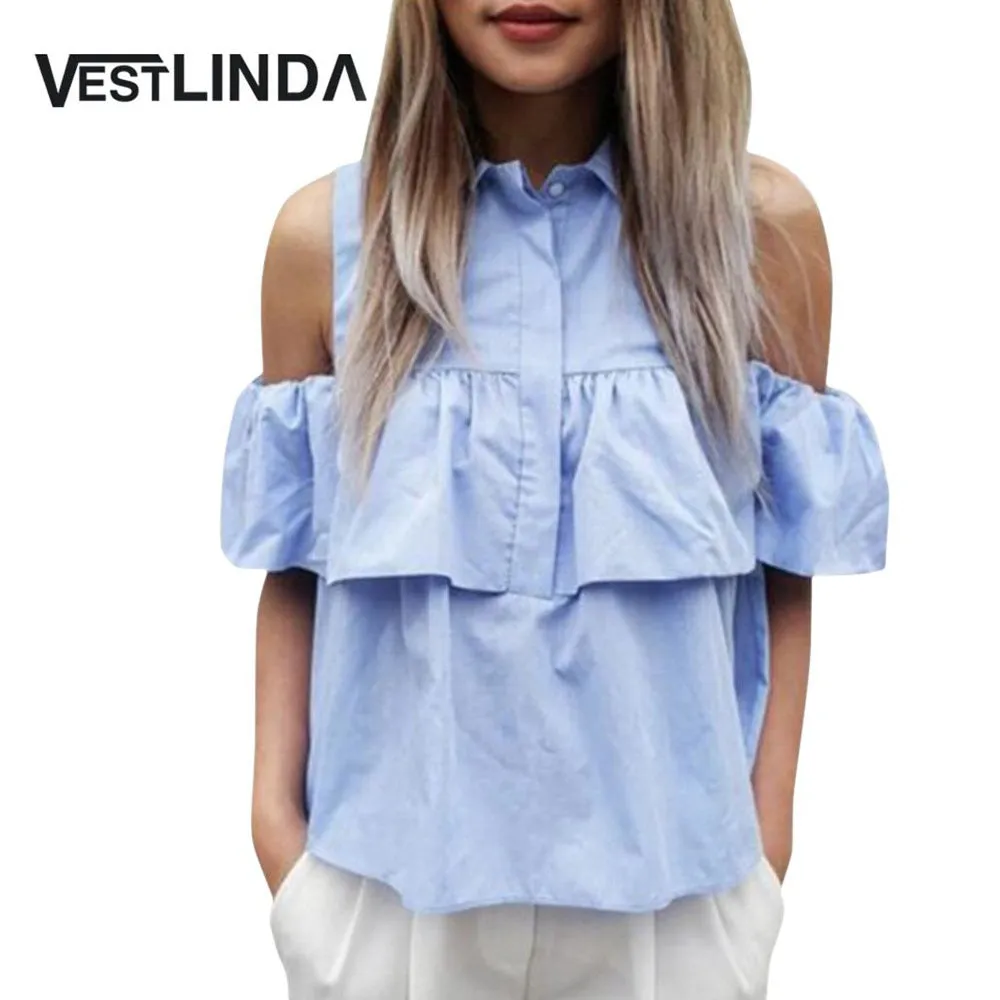 VESTLINDA Summer Women Off the Shoulder Ruffles Blouse Shirts Turn Down Collar Casual Sexy Tops Chemise Femme Work Office Blusas