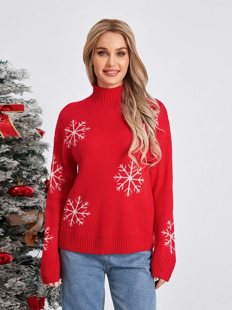 Wenkouban-Christmas Thanksgiving outfits_Jacquard Snowflake Long Sleeve TurtleNeck Loose Knit Christmas Sweater