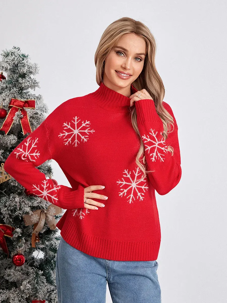 Wenkouban-Christmas Thanksgiving outfits_Jacquard Snowflake Long Sleeve TurtleNeck Loose Knit Christmas Sweater