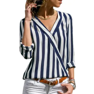 Women Striped Blouse Shirt Long Sleeve Blouse V-neck